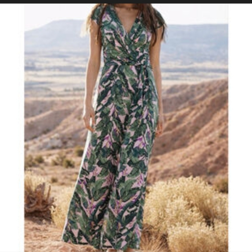 Land's End Stretchy Faux Wrap Tropical Palm Leaf Floral Maxi Dress Women's 3X